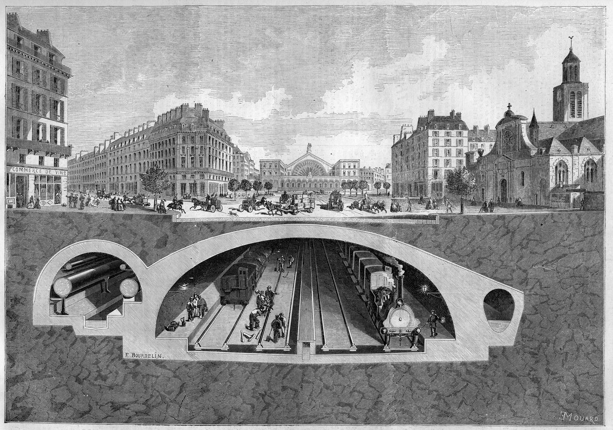 Przekrój przedstawiający projekt kolei podziemnej w Paryżu, od Vilette do hal centralnych, w 1861 r. Grawer „” Le Monde Illustré” nr 213 z 11 maja 1861 r. autorstwa French School