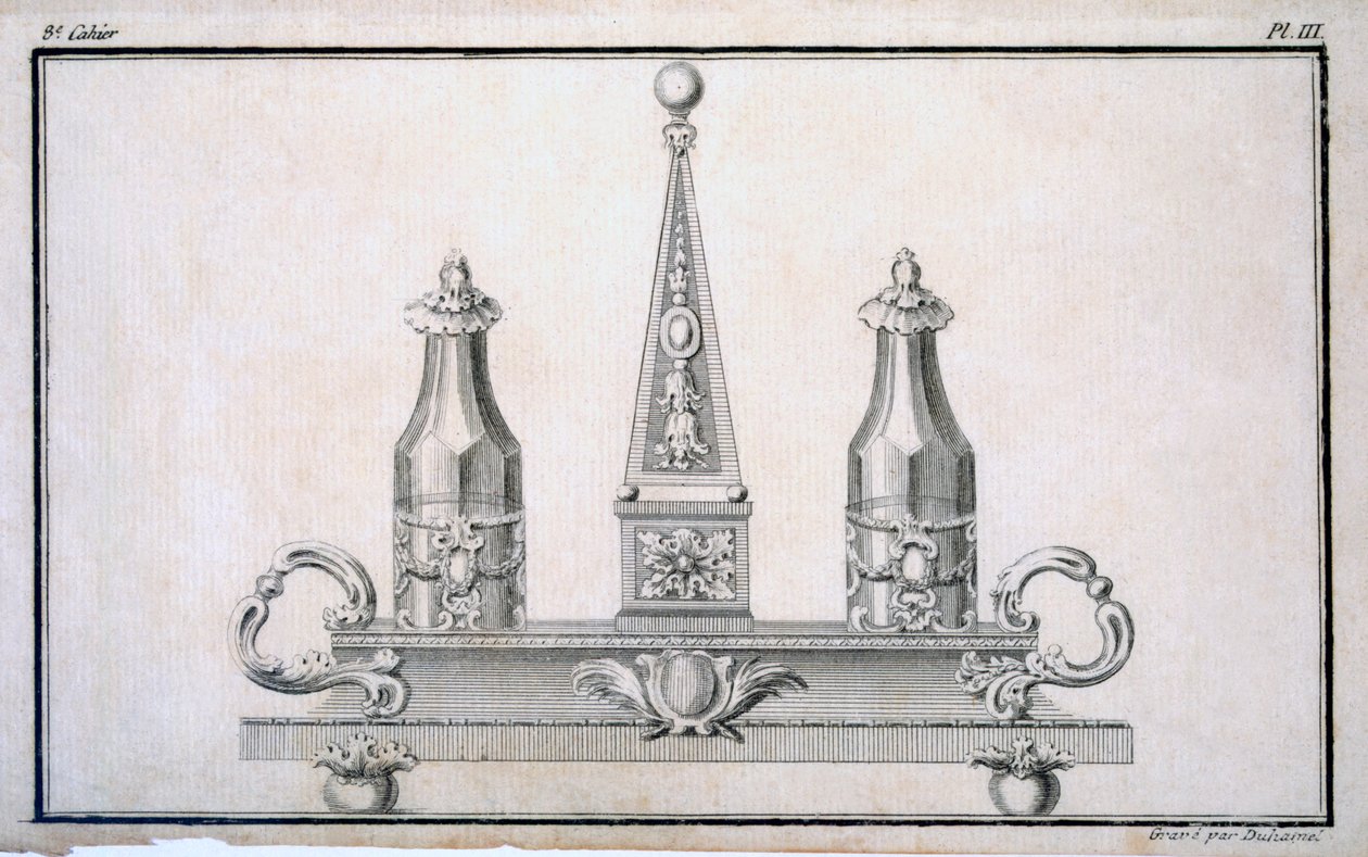 Zestaw ampułek na statywie, z księgi wzorów z neoklasycznych projektów metaloplastyki skomponowanej przez Duhamela, ok. 1770-80 autorstwa French School