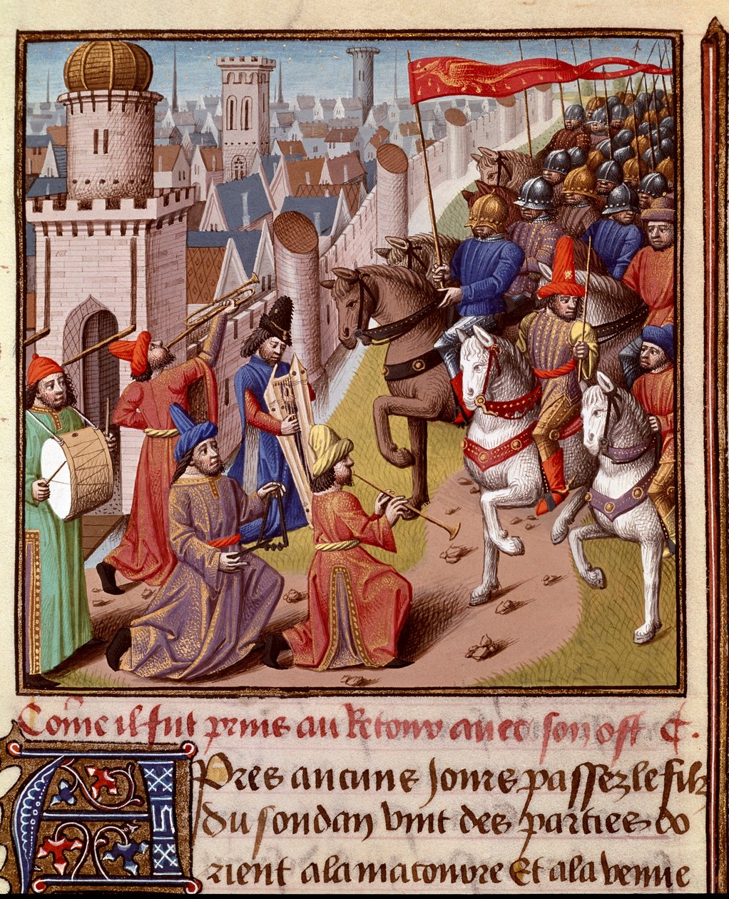 Krucjata: powrót armii francuskiej do Ziemi Świętej. Miniatura w „Le miroir historyl”” (Speculum Historiale) (ms. 1196, k. 372) Vincenta de Beauvais (1190-1264) w tłumaczeniu na francuski Jean de Vignay autorstwa French School