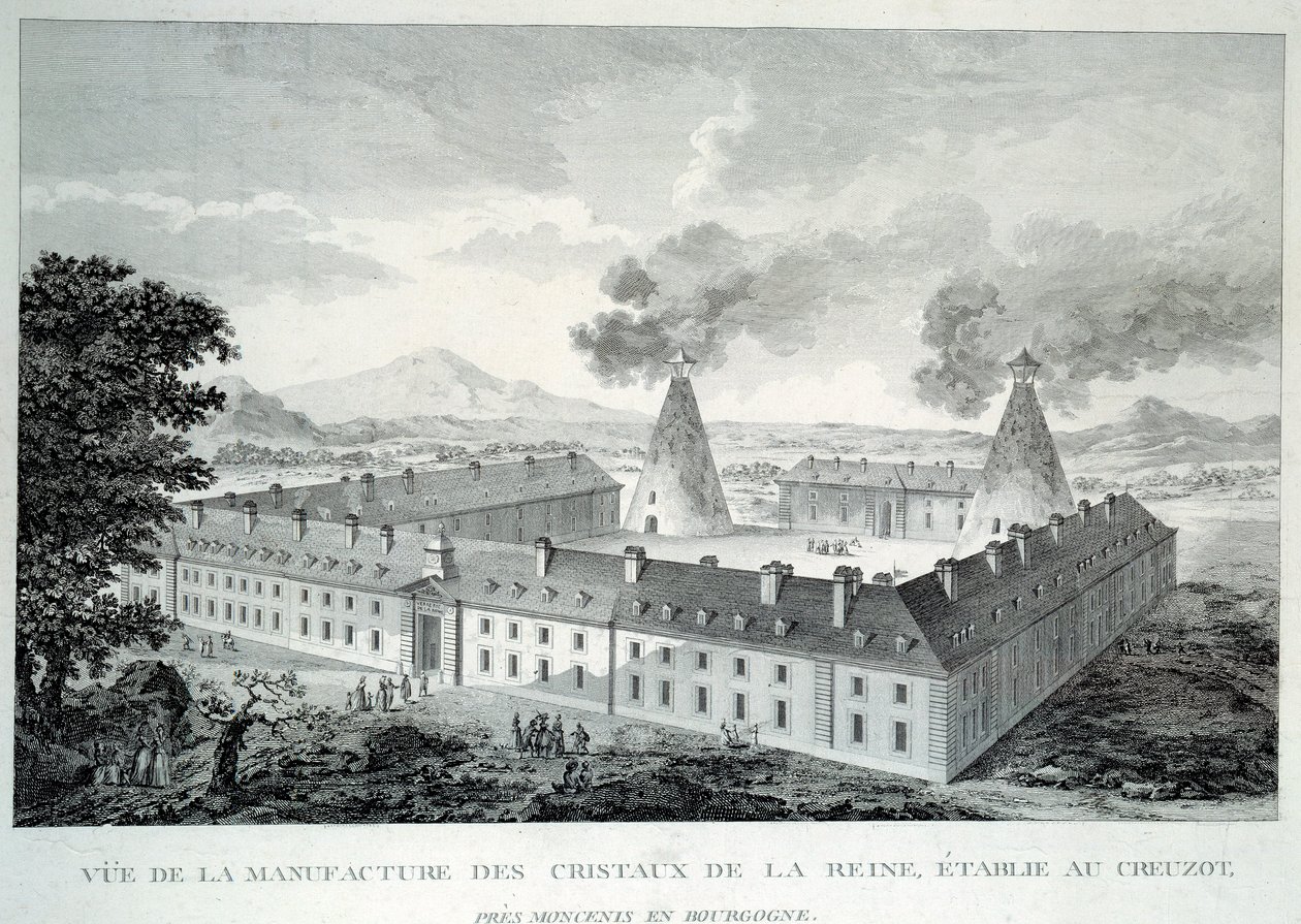 Dzieła kryształowe królowej Marii Antoniny w Creusot koło Moncenis w Burgundii. Grawerowanie z 1787 r. Le Creusot, Ecomusee autorstwa French School