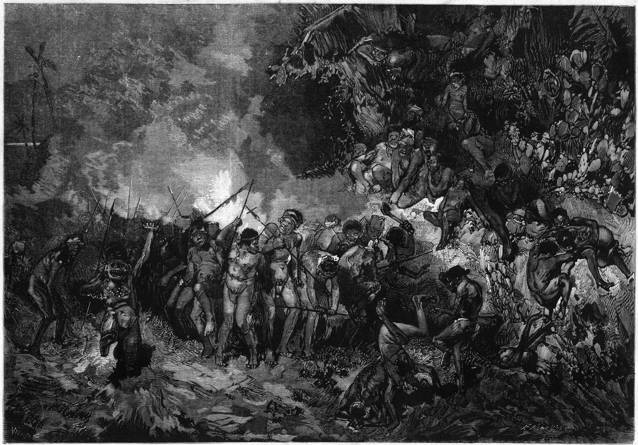 Zwyczaj Nowej Kaledonii: Pilou pilou (Pilou-pilou), tradycyjny taniec Kanak. Grawer w „” Le Monde Illustré”” nr 772 z 27 stycznia 1872 r. autorstwa French School