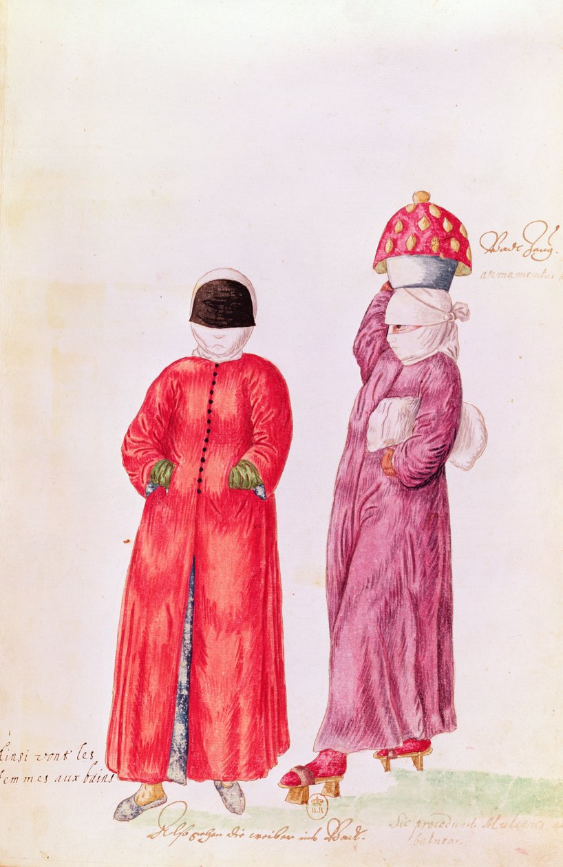 Obyczaje i ubiory krajów wschodnich i różne stany ubioru - kobiety chodzące do kąpieli, 1513 (kolorowe grawerowanie) autorstwa French School