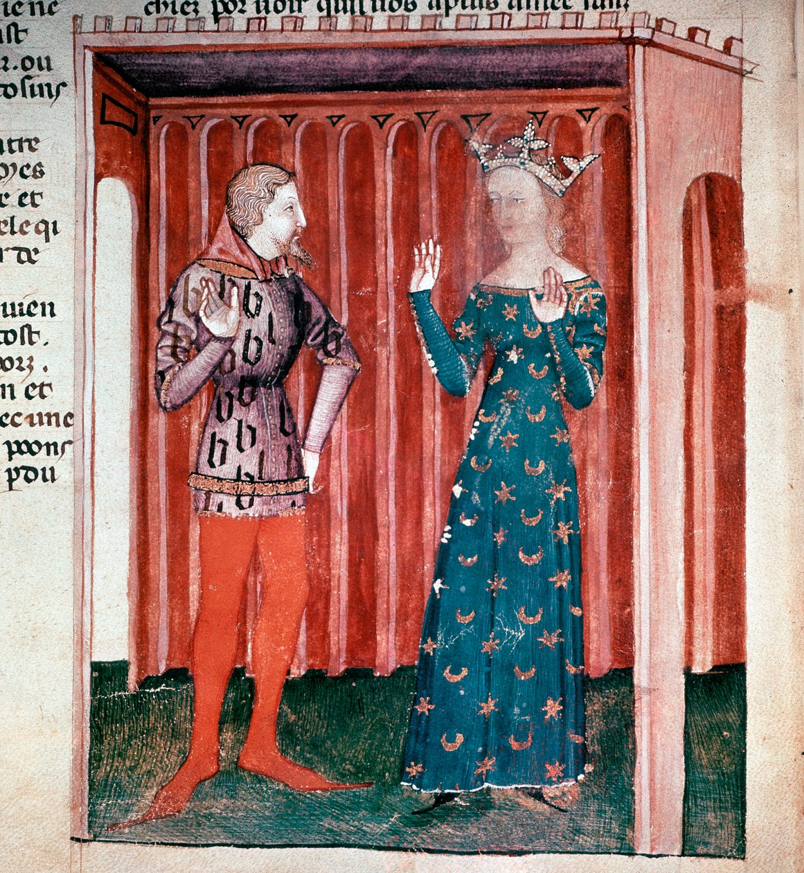 Cykl Króla Artura: Rycerz Lancelot du Lac i Królowa Guenievre. Miniatura z rękopisu „La quete du saint grail” (ms. fr 343 k. 6) 1380-1385 Paris B.N. autorstwa French School