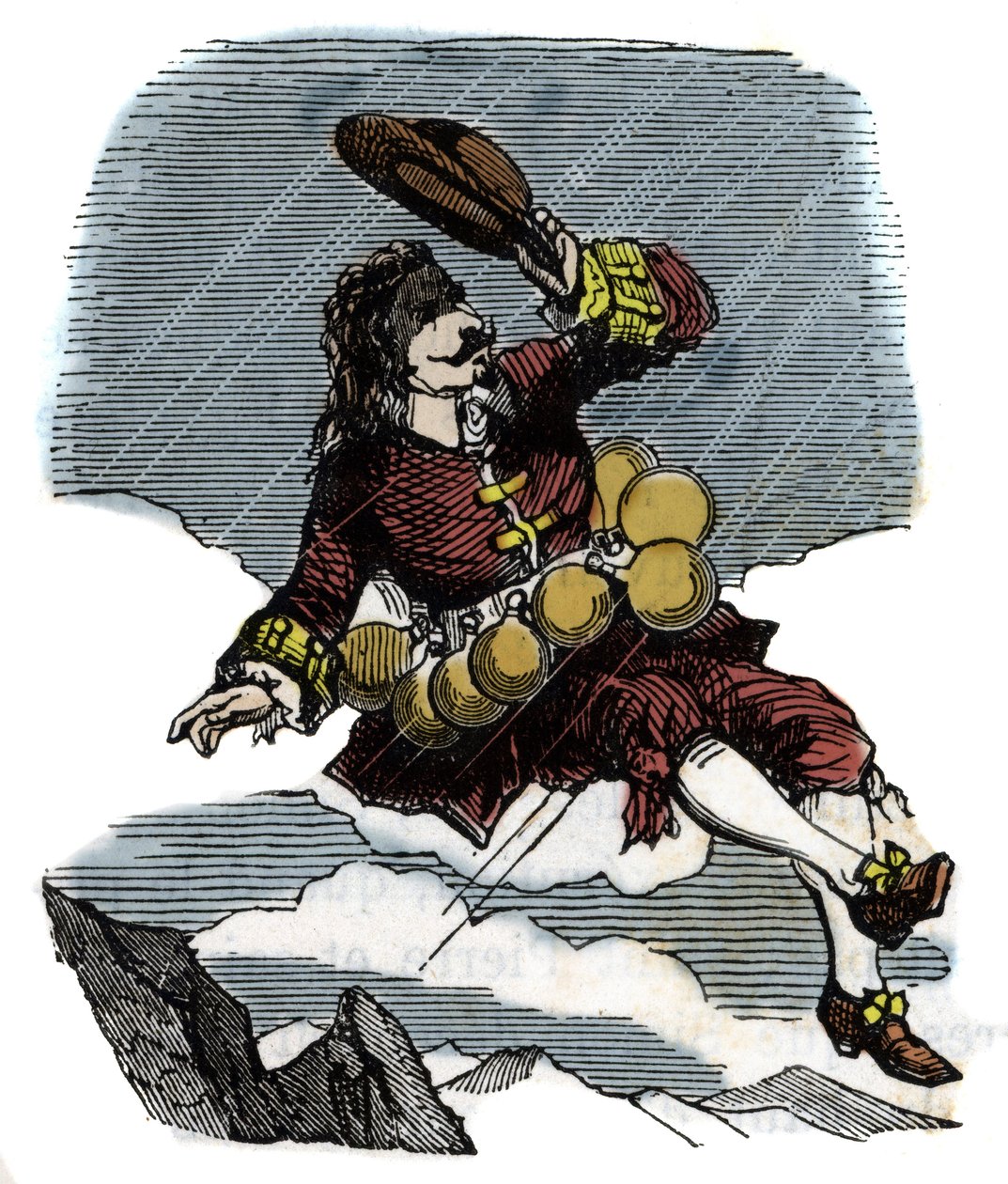 Cyrano de Bergerac unosi się na niebie dzięki fiolkom z różą i podróży na księżyc, ilustracja do powieści Herkulesa Saviniena Cyrano de Bergerac (1619-1655): „”Inny świat”” autorstwa French School