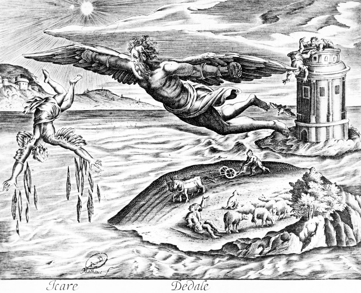 Dedal uciekający z Krety wraz z synem Ikarem widzi go spadającego na śmierć, 1619 autorstwa French School