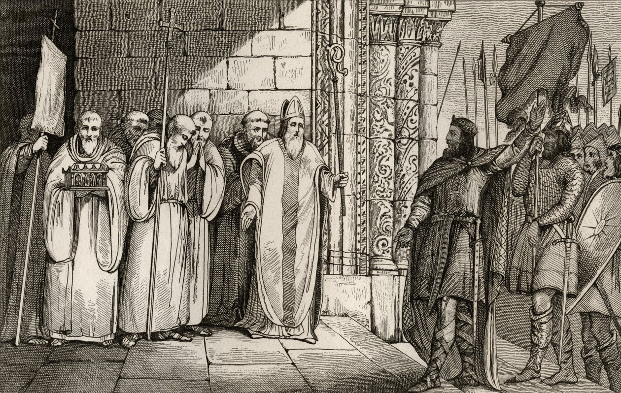 Dagobert (603-39) Zdejmowanie sztandaru w St. Denis, z „Histoire de Paris” Colarta, wydana ok. 1840 r. autorstwa French School