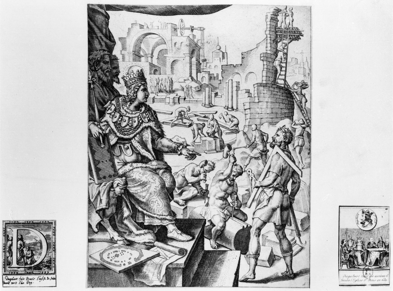 Dagobert I (605-39), król Franków, nadzorujący budowę bazyliki Saint-Denis autorstwa French School