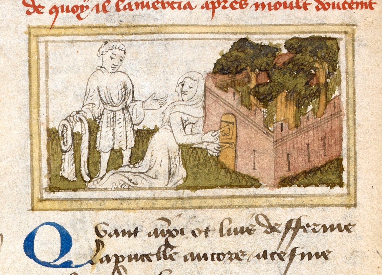 Dame Oiseuse wpuszczająca Kochanka przez drzwi Ogrodu Rozkoszy, z „Le Roman de la Rose”, ok. 1400. autorstwa French School