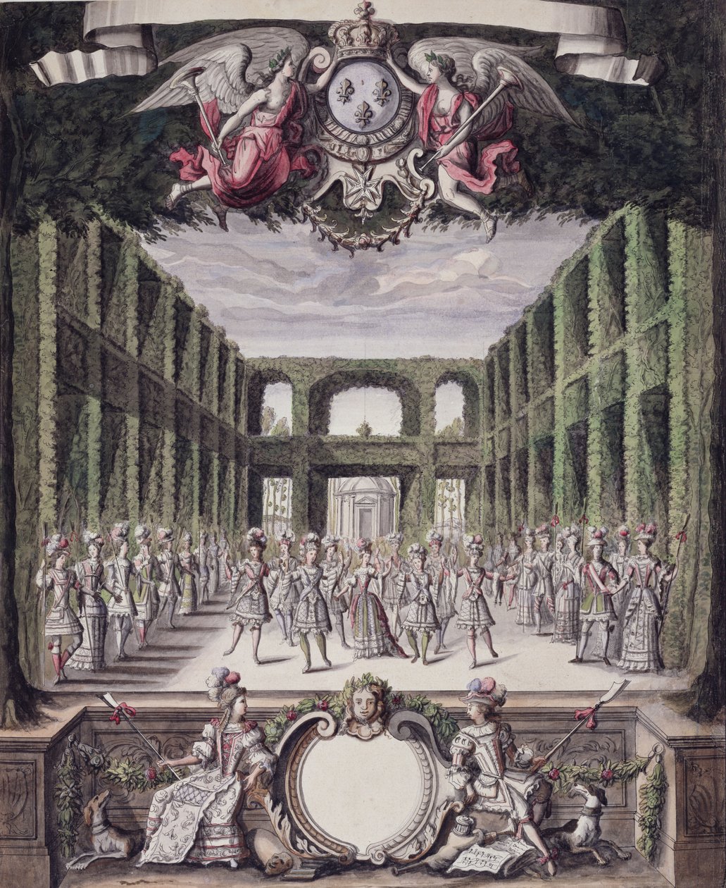 Taniec w formalnym ogrodzie, z kolekcji Les Menus Plaisirs du Roi (pióro i atrament oraz toaleta na papierze) autorstwa French School
