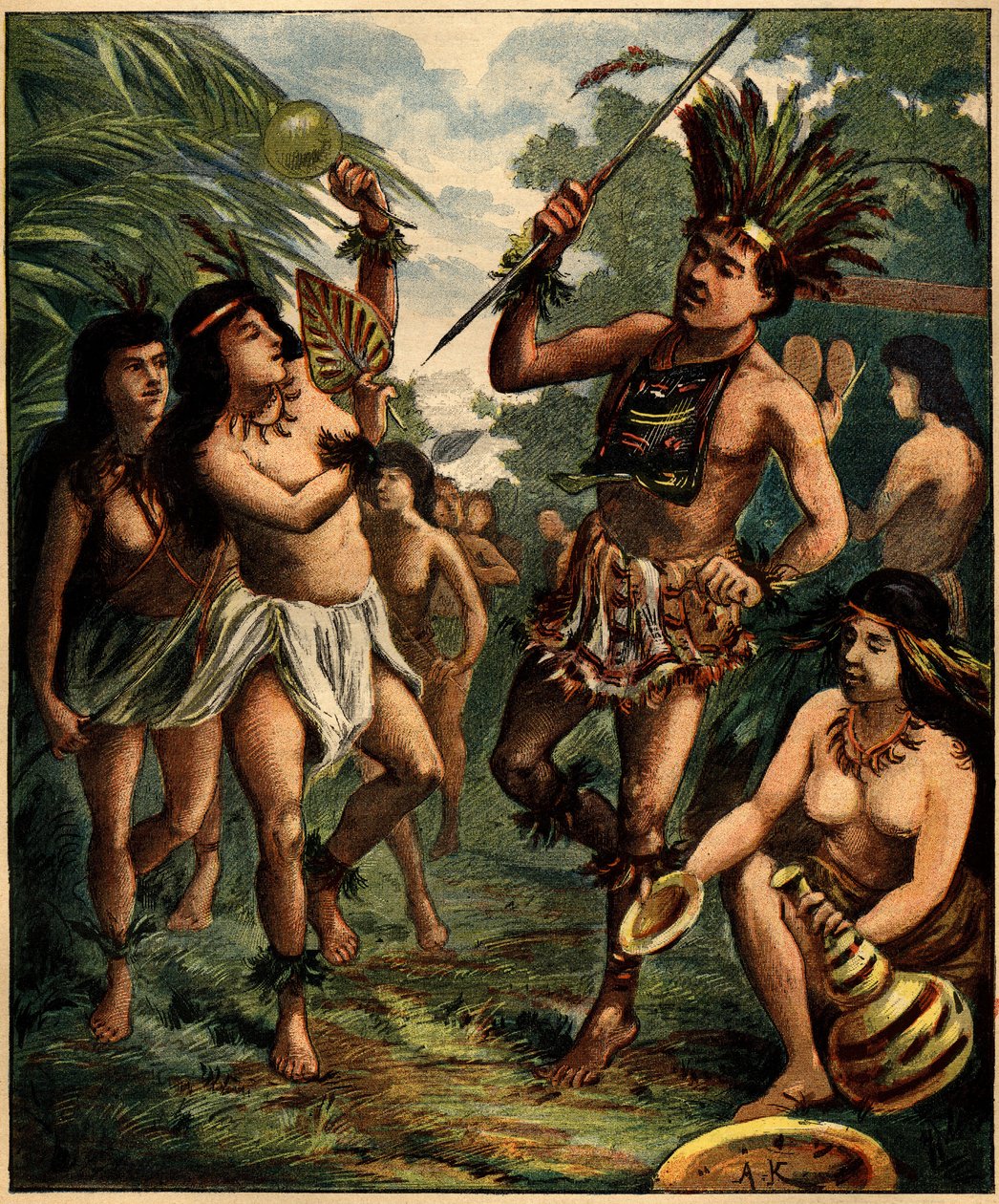 Taniec Indian Roucouyan na Karaibach. Grawer w „La Terre Illustree” nr 77 z 21 kwietnia 1892 r. autorstwa French School