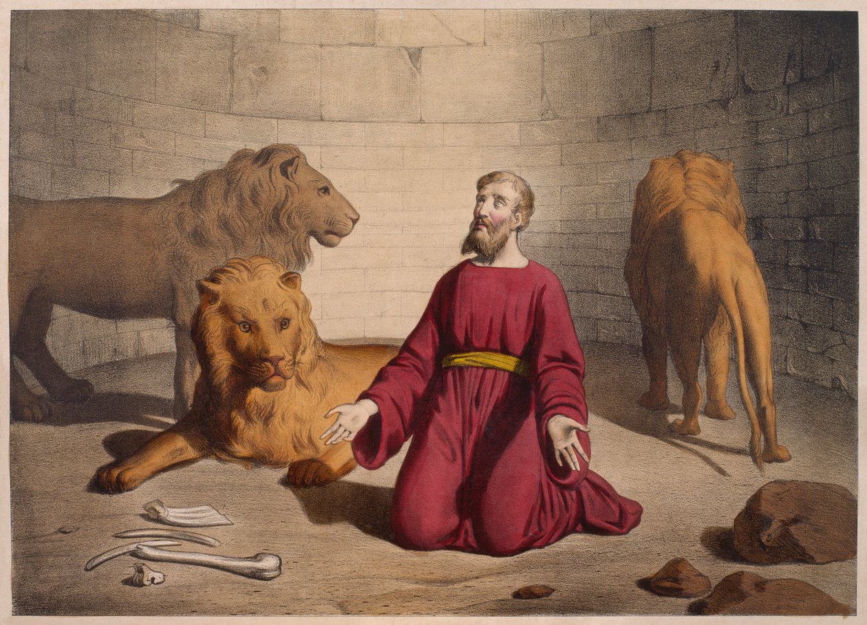 Daniel w jaskini lwów, ilustracja z katechizmu LHistoire Sainte, wyd. Charles Delagrave, Paryż, koniec XIX w. autorstwa French School