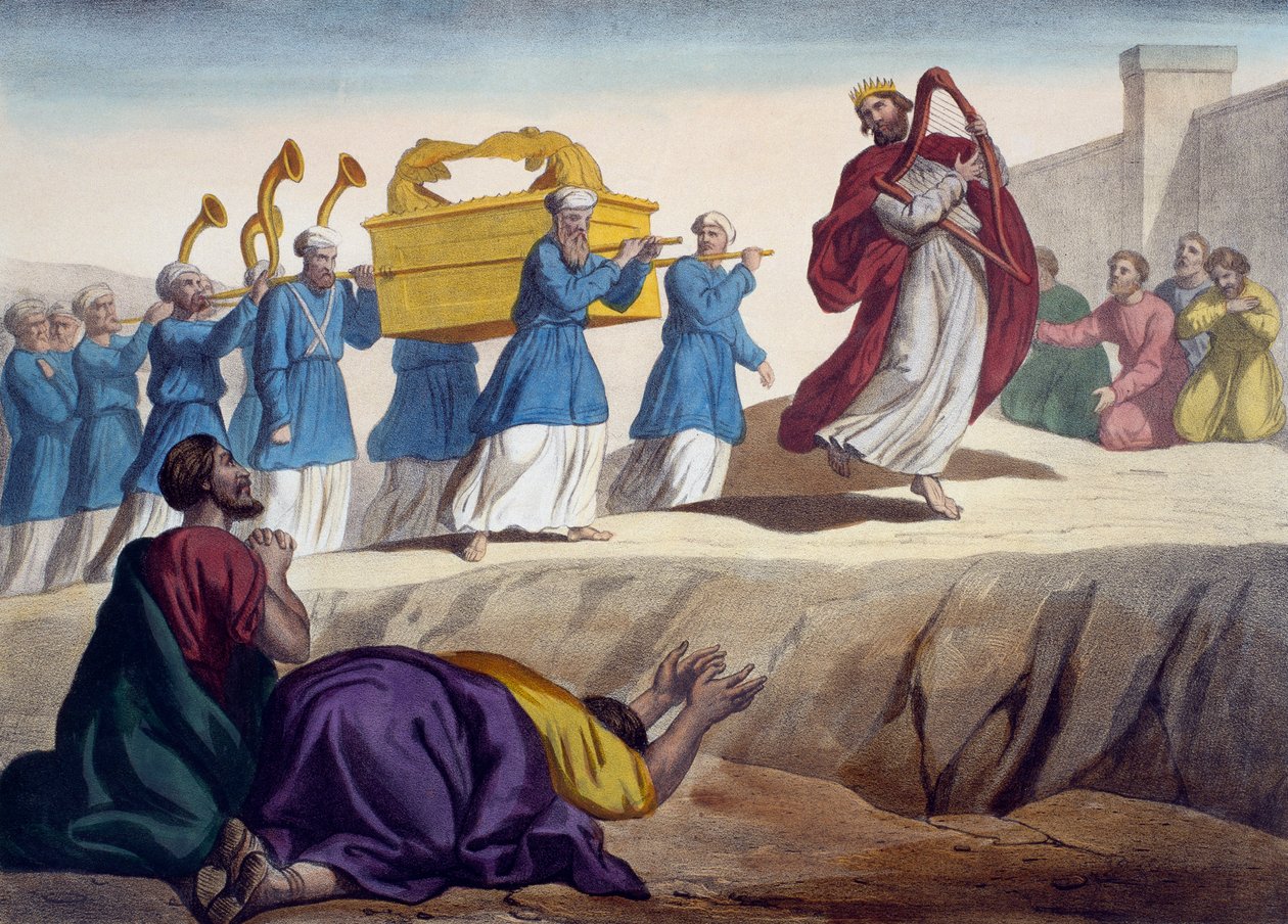 Dawid eskortujący Arkę Przymierza do Jerozolimy, ilustracja z katechizmu LHistoire Sainte, wyd. Charles Delagrave, Paryż, koniec XIX wieku autorstwa French School