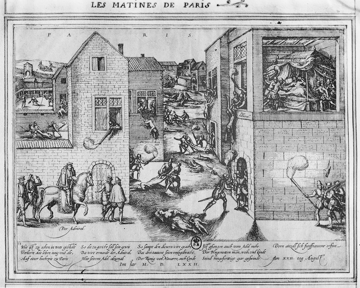 Śmierć admirała Gasparda II de Coligny (1519-72) w czasie masakry św. Bartłomieja w 1572 r. (kolor patrz 187818) autorstwa French School