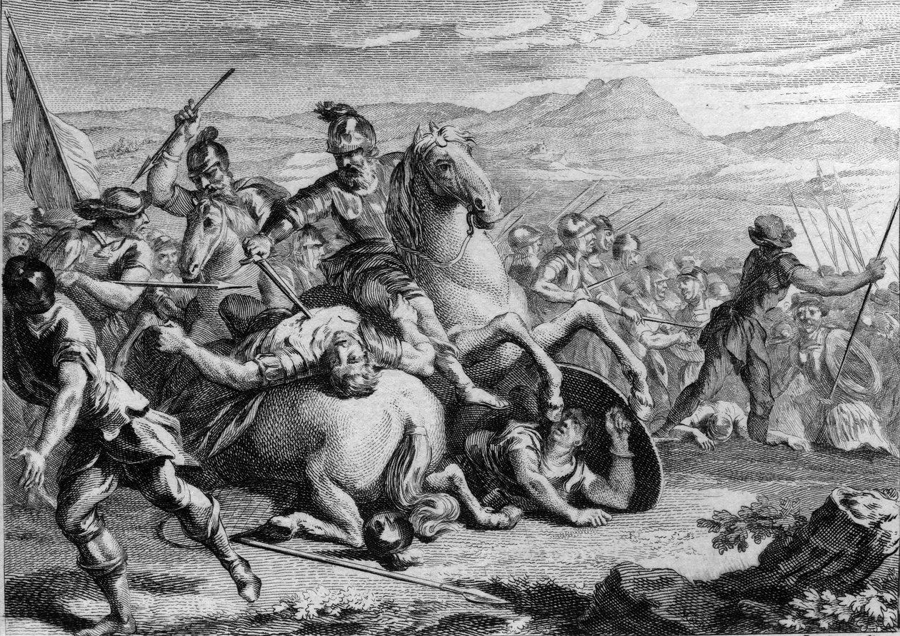 Śmierć Alaryka II, 507: Clovis I (465-511), król Franków, zabicie Alaryka II (484-507), króla Wizygotów, w bitwie pod Vouille w 507. Rycina z XVIII wieku. autorstwa French School