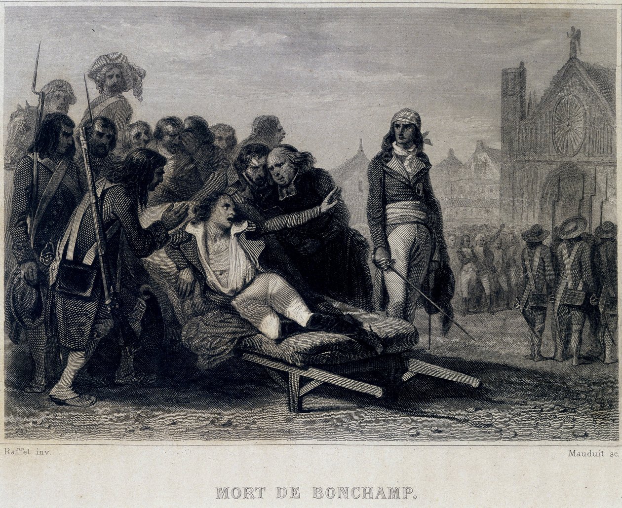 Śmierć Bonchamp ou Bonchamps (1793) - w „Revolution francaise” Thiersa. 19 wiek autorstwa French School