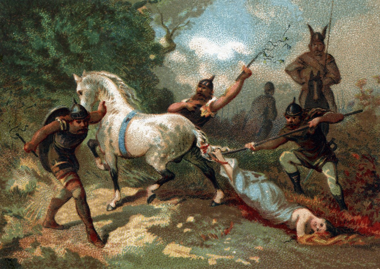 Śmierć Brunehauta (lub Brunehildy) (przywiązanej do ogona nieposkromionego konia) na rozkaz Clotaire II (613). Chromolitografia koniec XIX wieku. autorstwa French School