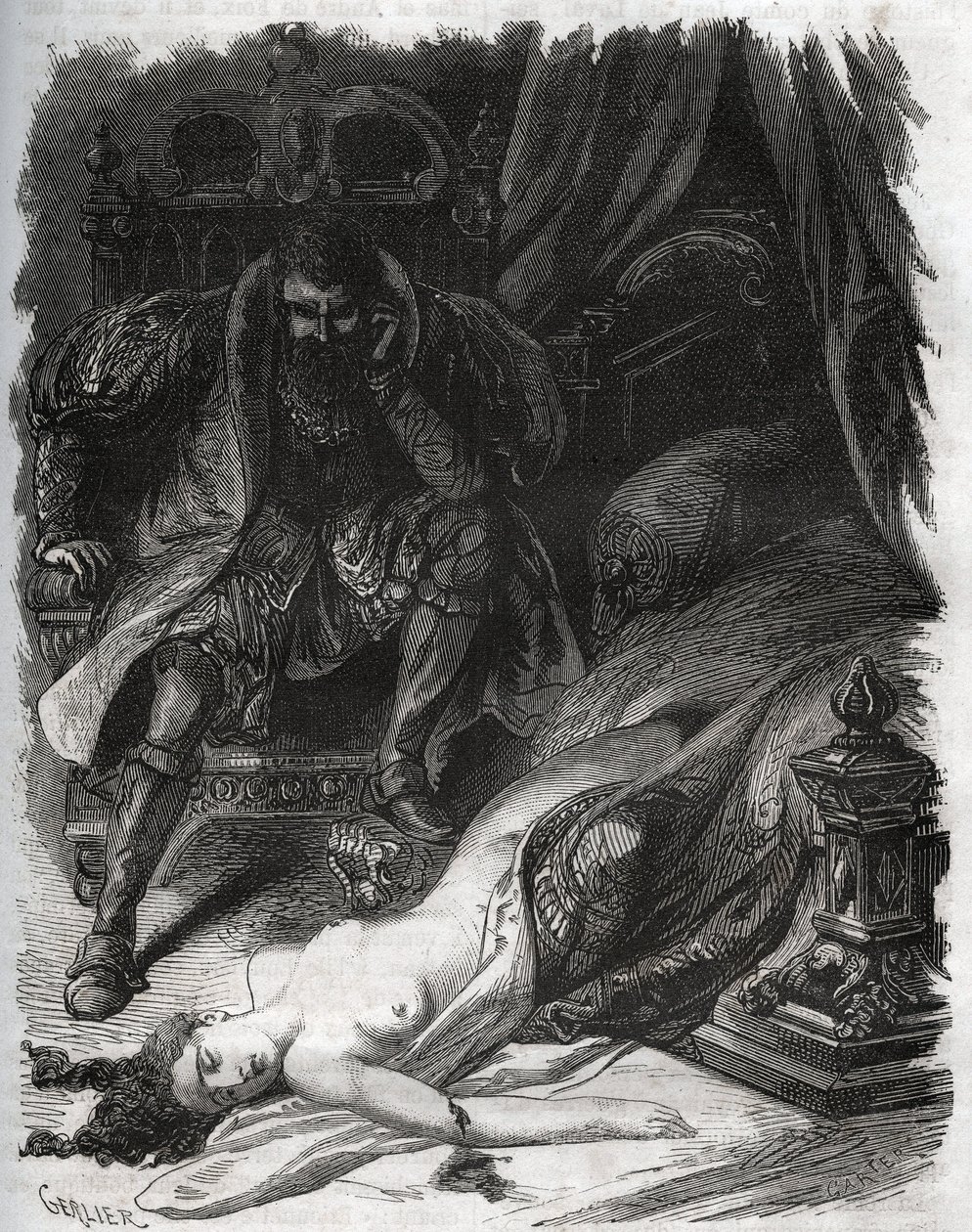 Śmierć Franciszki de Foix, hrabiny Chateaubriant (ok. 1495-1537), zamordowanej przez jej męża Jeana de Laval, hrabiego de Chateaubriant (Laval-Chateaubriant) (1486-1543), który w ten sposób zemścił się na niewiernych swojej żonie. Grawer z 1871 roku w „His autorstwa French School