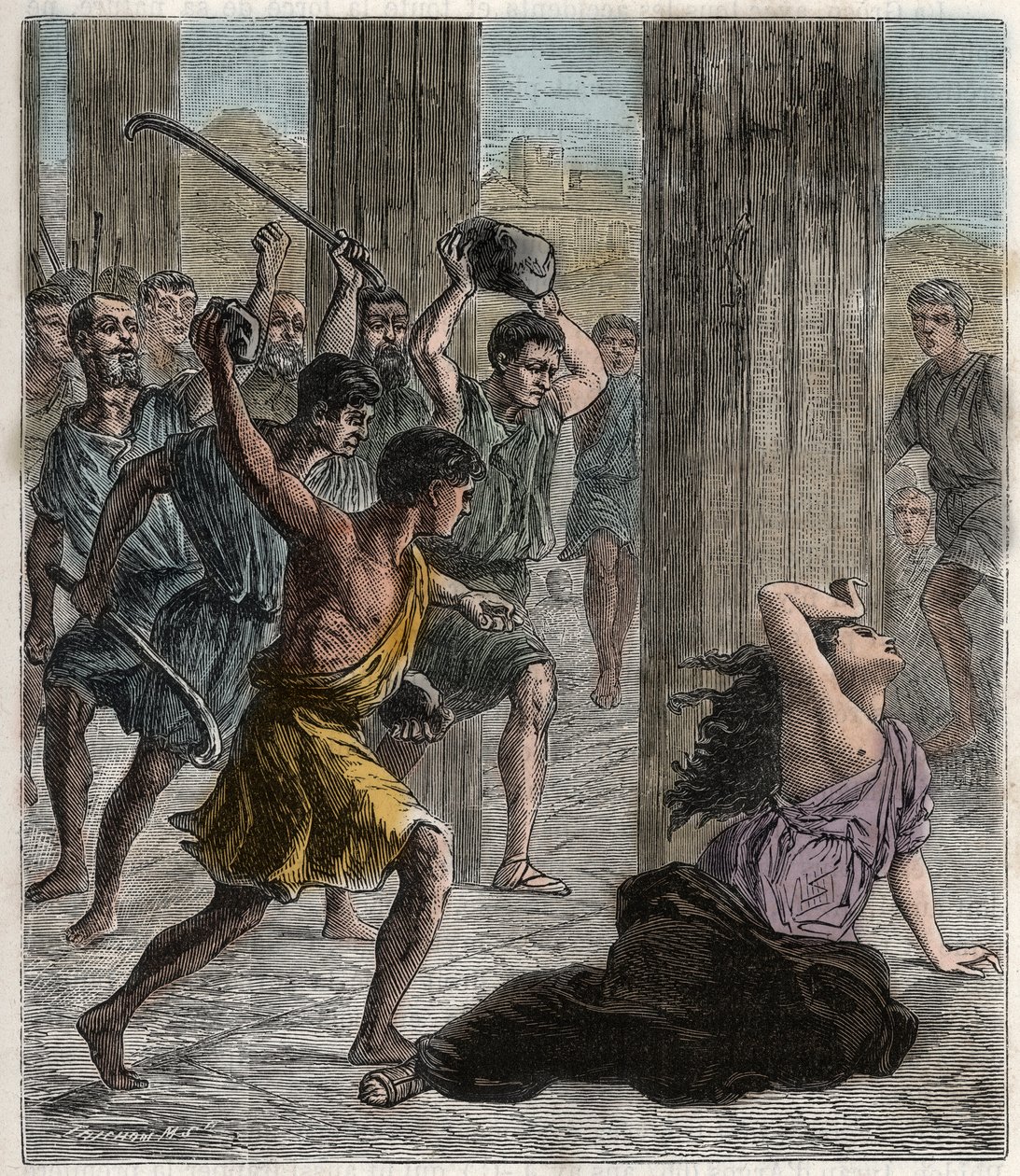 Śmierć Hypatii - Hypatia (c370-415) matematyk i filozof (neoplatonistka) zamordowana przez wyznawców Cyryla, Patriarchy Aleksandrii - Śmierć Hypatii (Hypatii) - Grawerowanie w „”Nauki w zasięgu wszystkich – fizyka i chemia” b autorstwa French School