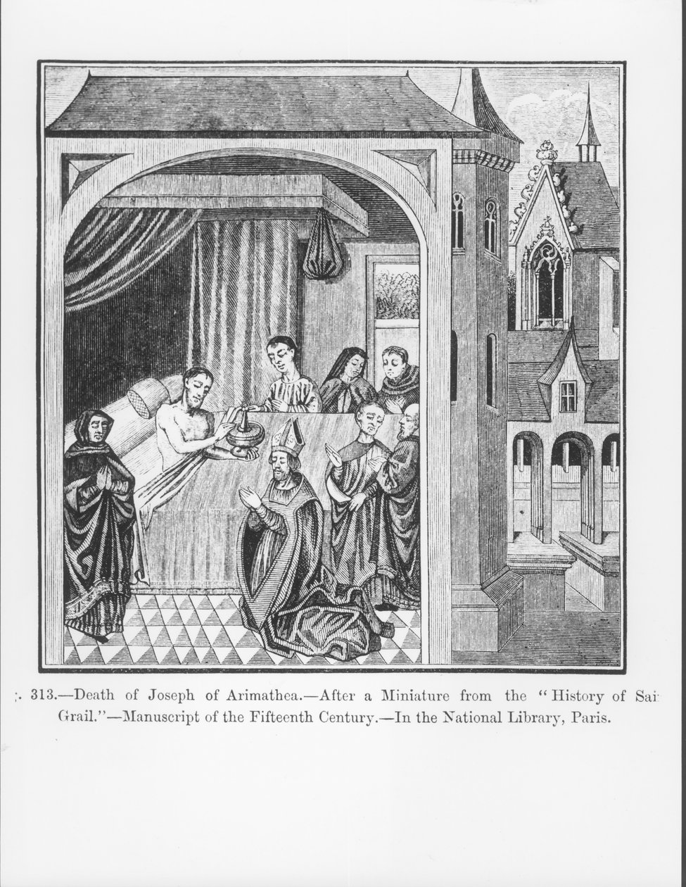 Śmierć Józefa z Arymatei, z Historii św. Graala, ilustracja z nauki i literatury w średniowieczu i renesansie, napisana i rytowana przez Paula Lacroix, 1878 ( autorstwa French School