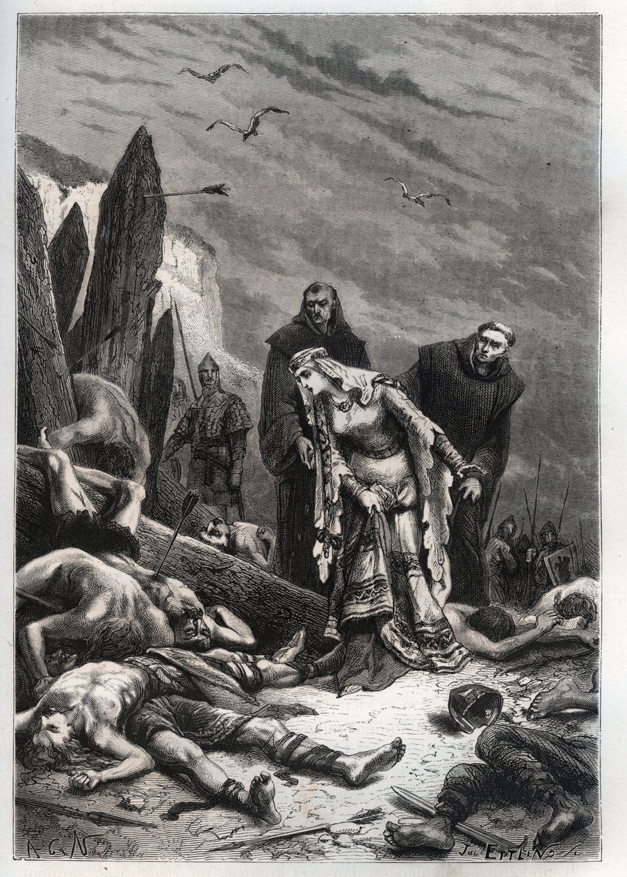 Śmierć króla Harolda II (1022-1066) w bitwie pod Hastings w 1066 - Edith Swannesha (Swanneck), znana jako Edith la Juste (1025-1086) odkrywa ciało swojego męża - Ealdgytha (Edith the Fair lub Edith Swanneschal) , odkrywając ciało Harolda Godwi autorstwa French School