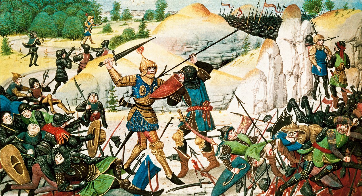 Śmierć rycerza Rolanda, bratanka Karola Wielkiego, w bitwie pod Roncevaux (778) pomiędzy ramionami Karola Wielkiego i Saracenów. Miniatura z XIV wieku. autorstwa French School
