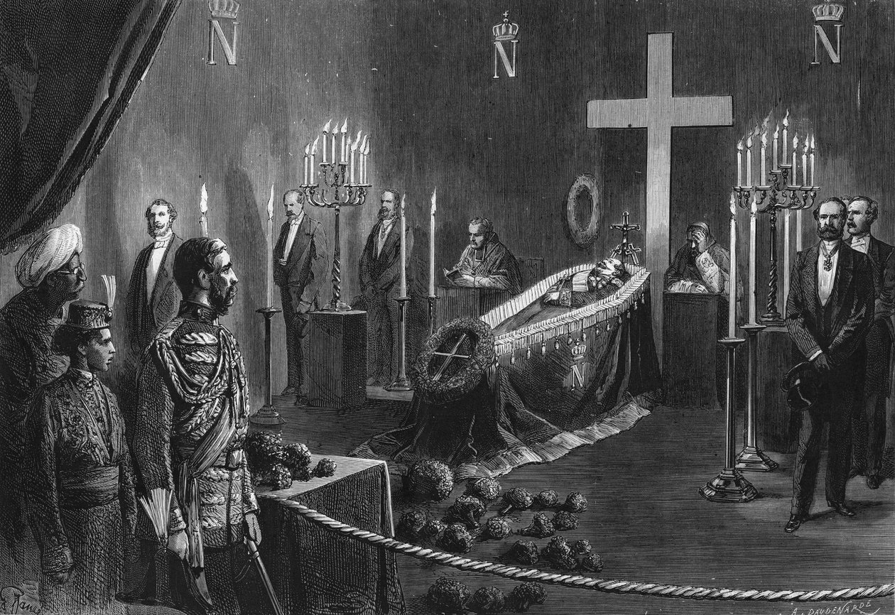 Śmierć Napoleona III: szczątki Napoleona III w płonącej kaplicy Camden House 14 lutego 1873 r. autorstwa French School