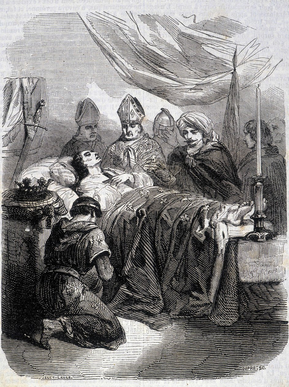 Śmierć św. Ludwika w Palestynie w 1270 r. - w „Histoire de France” L.-P. Anquetil autorstwa French School