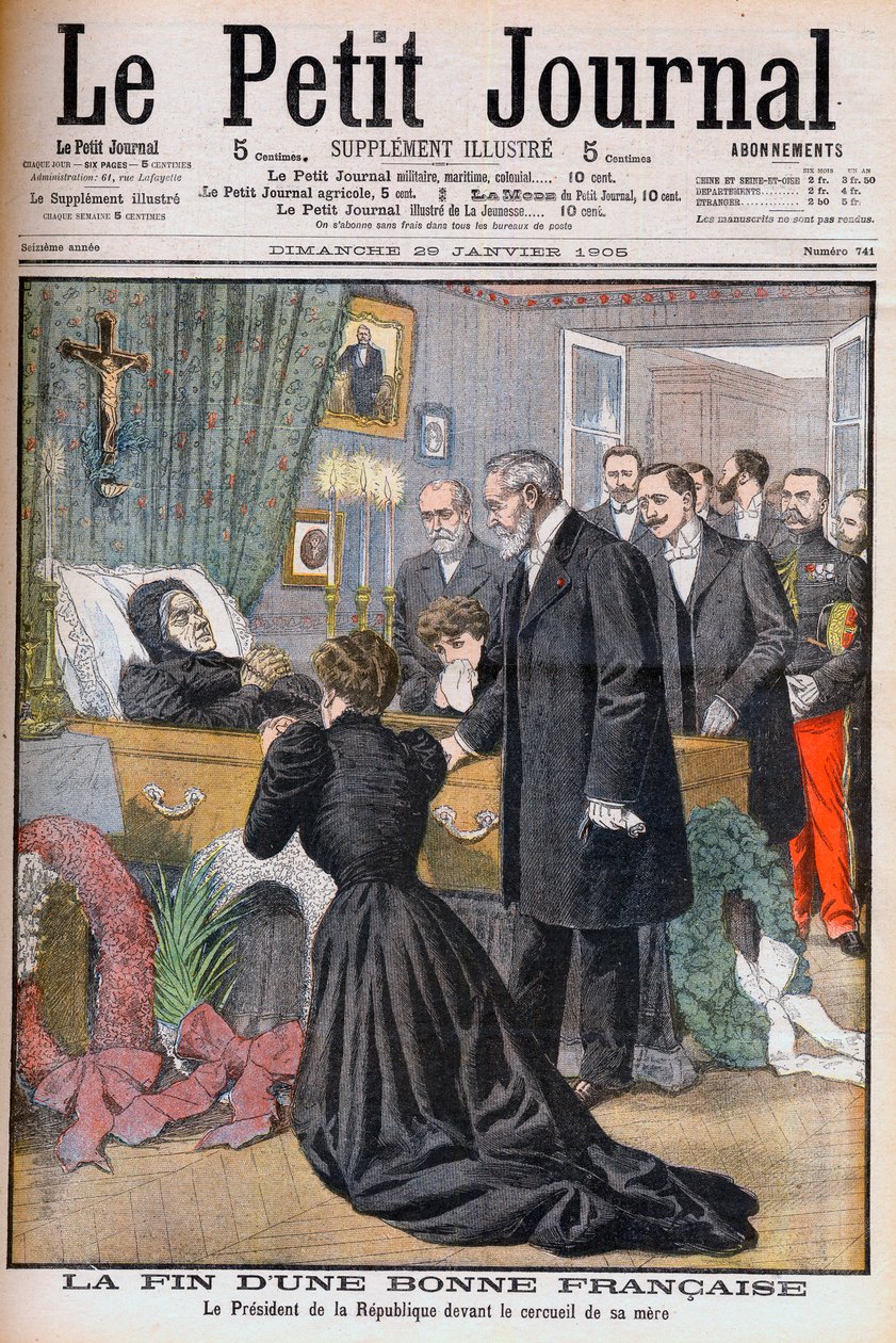 Śmierć matki francuskiego prezydenta Loubeta. Koniec dobrej Francuzki. Prezydent RP przed trumną matki. Ilustracja do Le Petit Journal, 29 stycznia 1905 (grafika) autorstwa French School