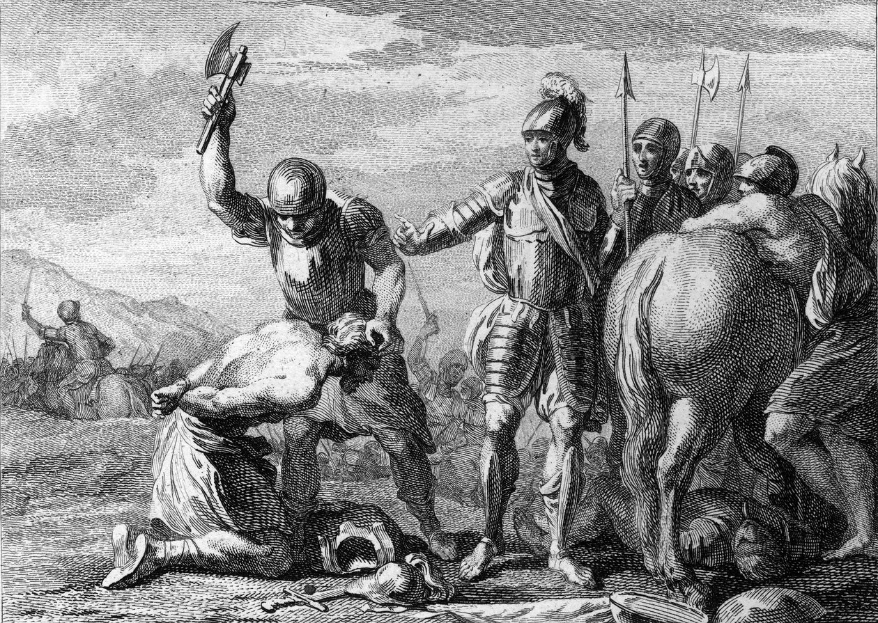 Ścięcie Syagriusza, 486: egzekucja rzymskiego generała Siagriusa (430-486) pokonanego w bitwie pod Soissons przez wojska Chlodwiga 1. Rycina z XVIII wieku. autorstwa French School