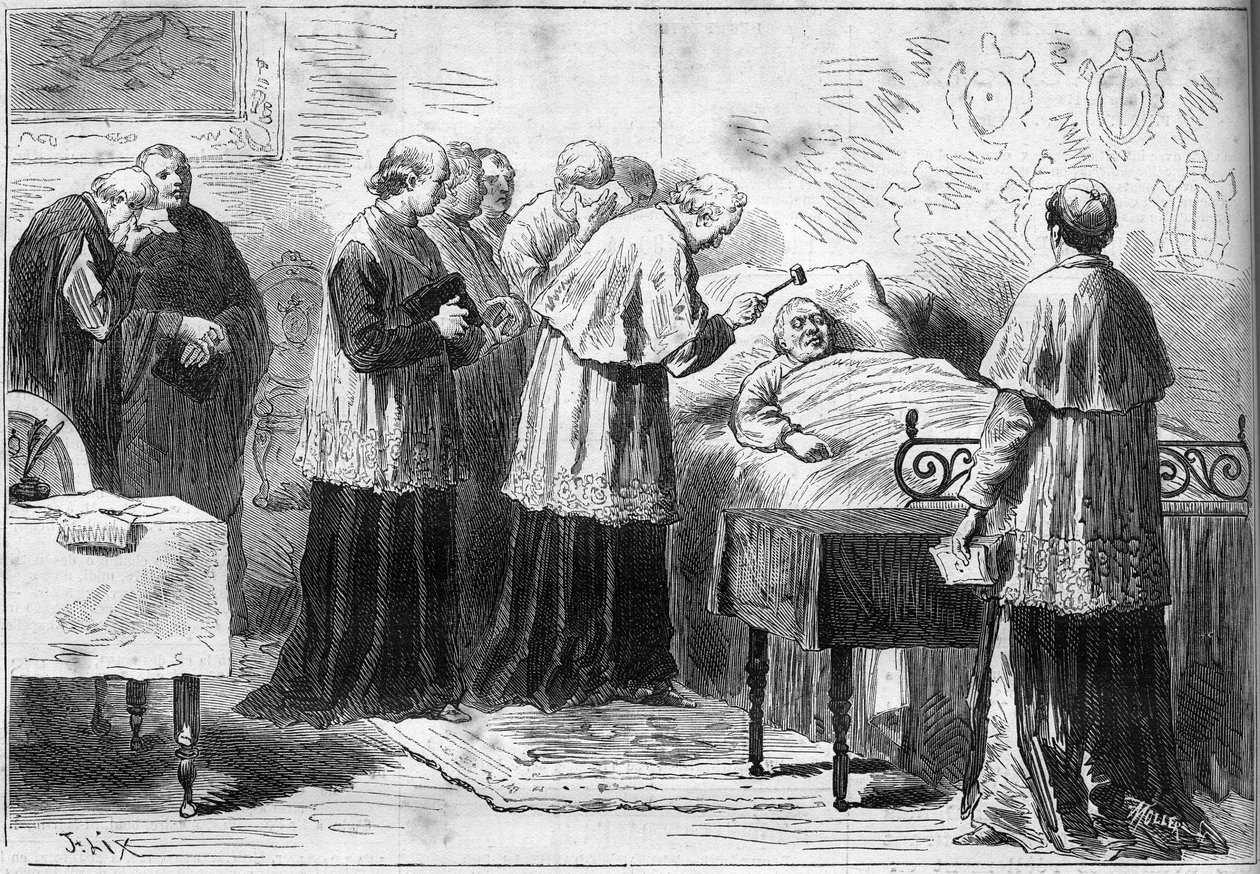 Decyzje papieża Piusa IX (Pio) (1792-1878): rytuał uznania śmierci papieża. Kardynał uderza w czoło zmarłego srebrnym młotkiem. Grawer w „Le Monde Illustré” nr 1089 z dnia 16 lutego 1878 r. autorstwa French School
