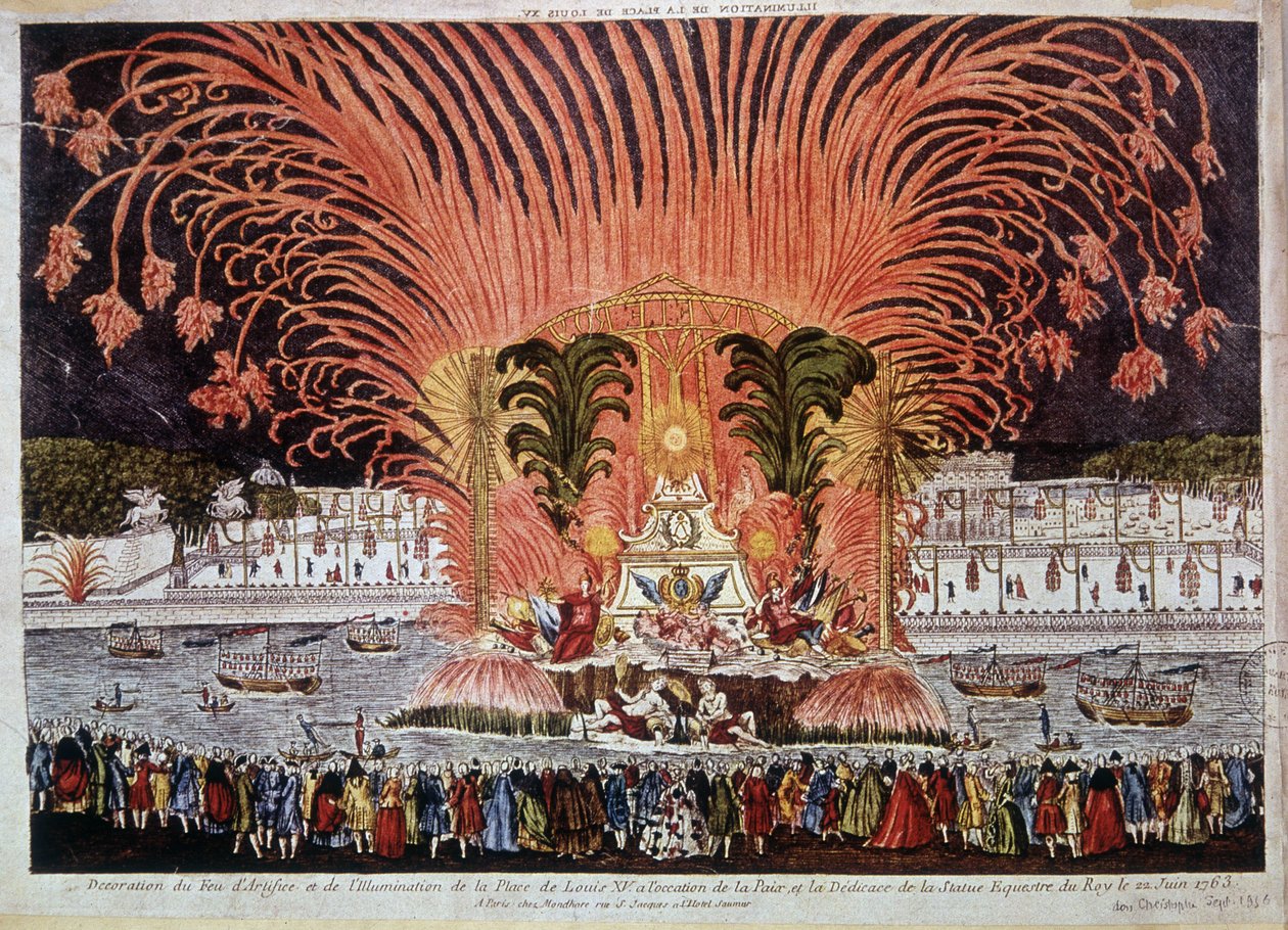Dekoracja fajerwerków i iluminacja Place de Louis XV z okazji Pokoju i poświęcenia konnego posągu króla 22 czerwca 1763 autorstwa French School