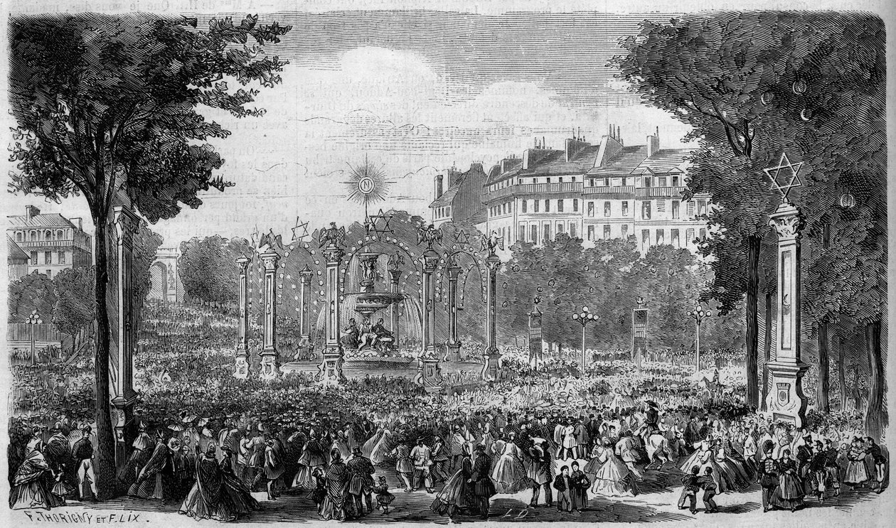 Dekoracja Rond Point des Champs Elysees w Paryżu na święto 15 sierpnia autorstwa French School