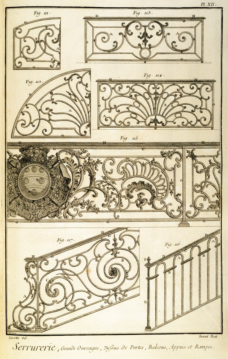 Dekoracyjne ślusarstwo, z Encyklopedii Diderota, wyd. 1771 autorstwa French School