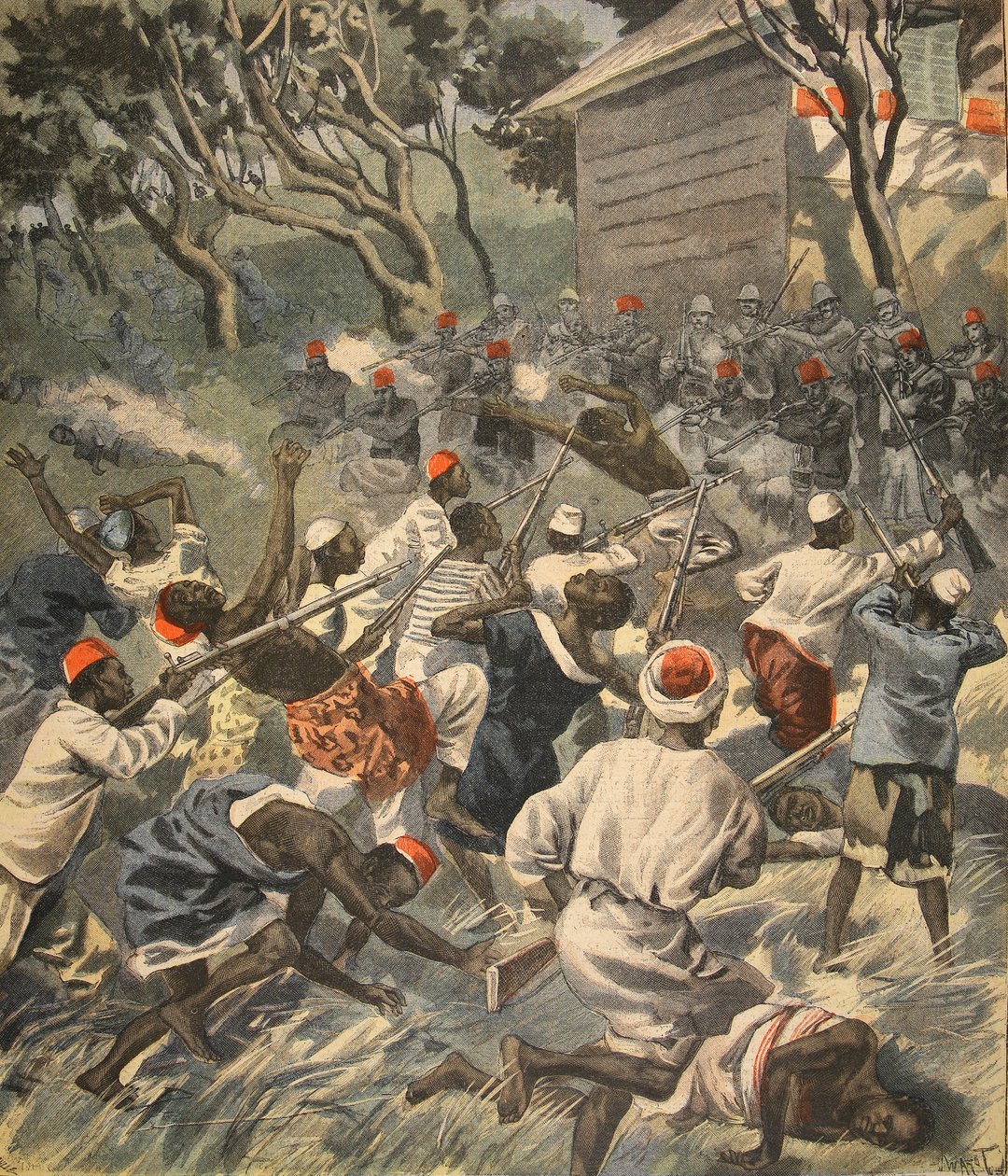 Pokonanie ludu Sakalava, Madagaskar, ilustracja z Le Petit Journal: Supplement illustre, 3 kwietnia 1898 autorstwa French School