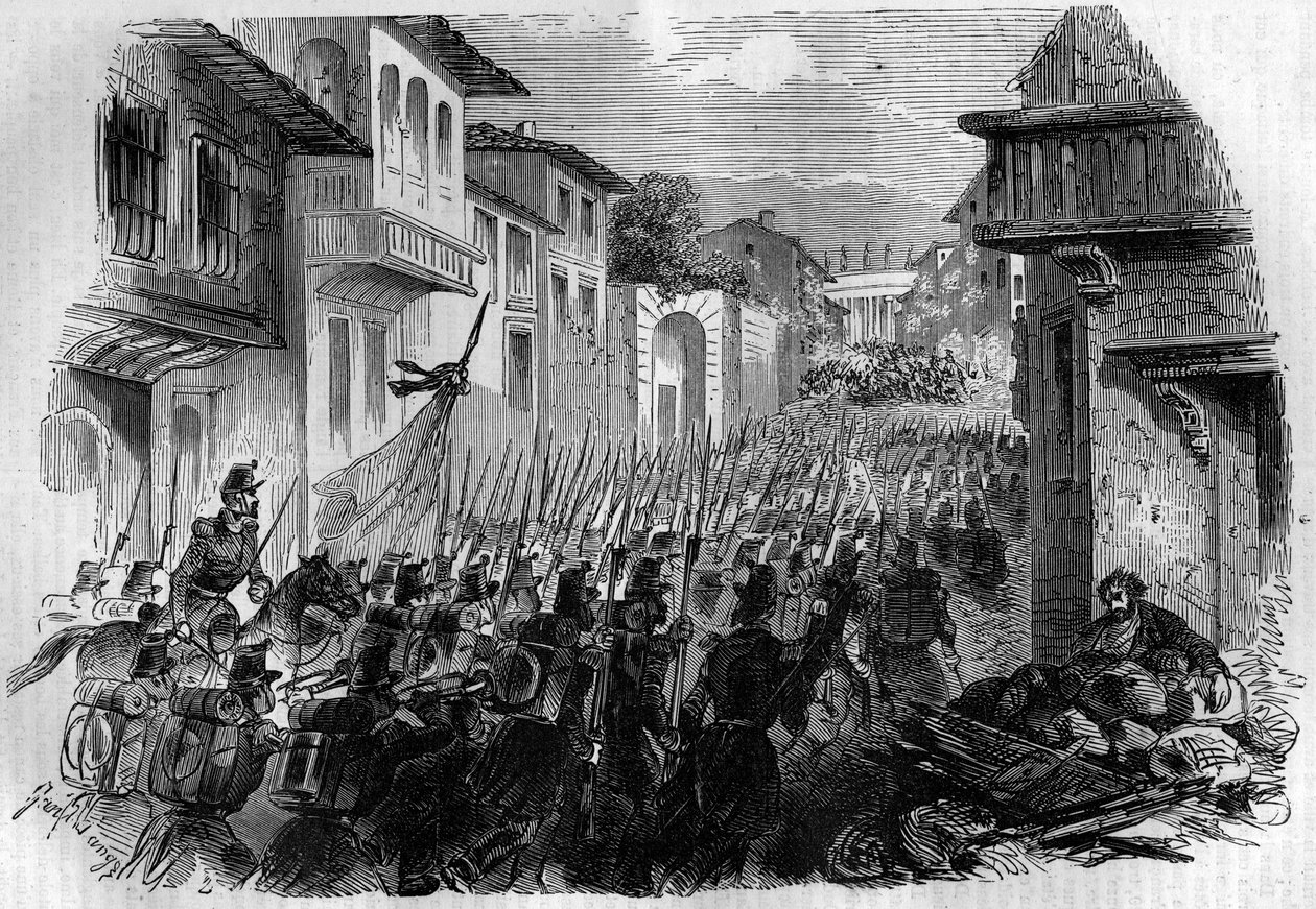 Obrona Rzymu przed armią francuską. Generał Oudinot zdobył Rzym w bitwie pod Janicule 30 czerwca 1849 r. i ścigał rewolucjonistów w lipcu, aby odpowiedzieć papieżowi Piusowi IX. Grawer w „Histoire des Papes-Rois-Queen i Empereurs a travers les centur autorstwa French School