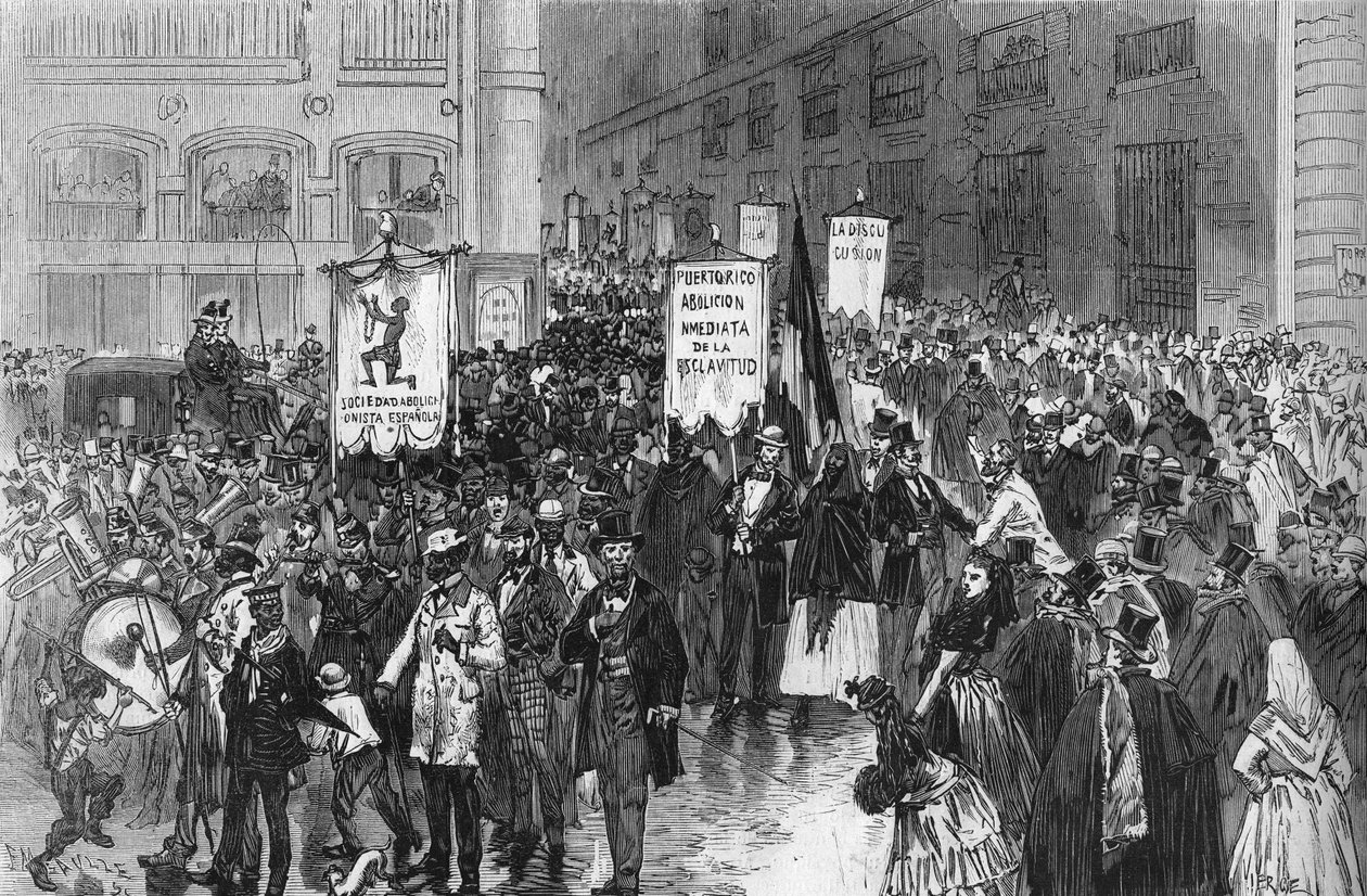 Demonstracja w Madrycie w 1873 roku na rzecz zniesienia niewolnictwa w hiszpańskich koloniach. autorstwa French School