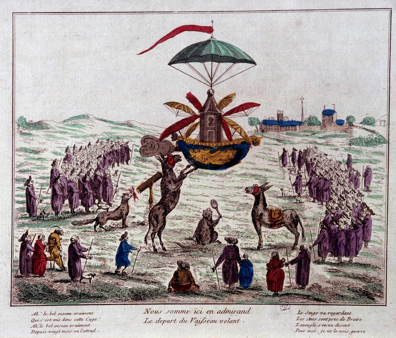 Odlatujący satyrowy statek latający na latającej maszynie wyobrażonej przez Jean-Pierre Blancharda (1753-1809): osły, małpy i ślepe spojrzenie na dziwną maszynę wyposażoną w sześć skrzydeł i ster. Rycina z końca XVIII wieku. Paryż, Muzeum Carn autorstwa French School