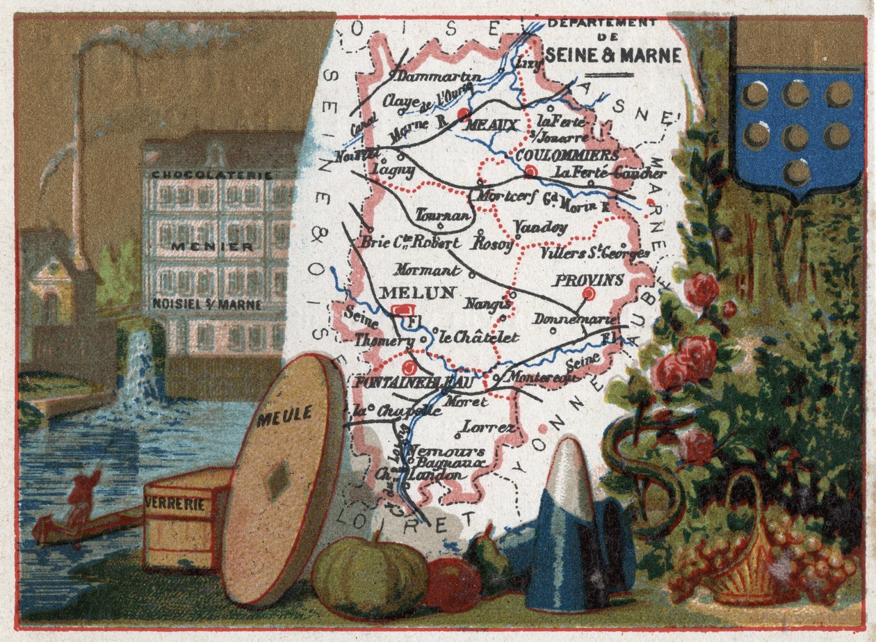 Departament Sekwany i Marny (Seine-Et-Marne, 77), Ile de France (Ile-De-France), Francja. Lokalna specjalność: fabryka czekolady Menier chocolaterie w Noisiel sur Marne (Noisiel-sur-Marne), wyroby szklane, kamień młyński. Seria o francuskich departamentach autorstwa French School