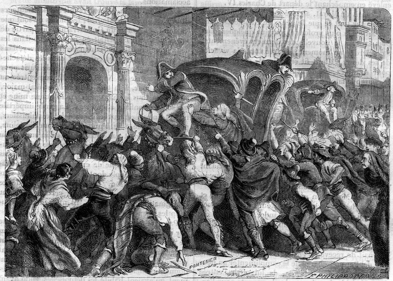 Wyjazd króla Ferdynanda VII do Bayonne 1808 (Abdykacje Bayonne) - Wyjazd na wywiad z Bayonne (1808) - Ludzie z Vittoria w Hiszpanii chcą zapobiec wyjazdowi Ferdynanda VII do Bayonne - w „Historia imperium po h autorstwa French School