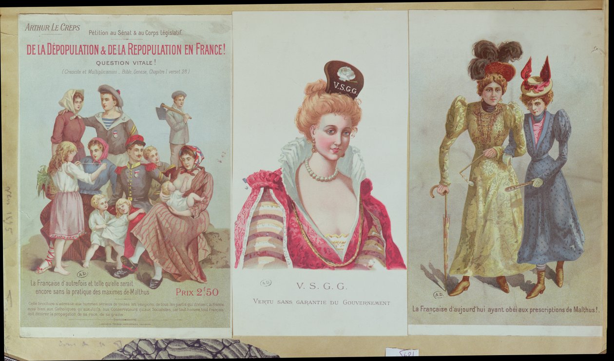 Depopulacja i ponowne zaludnienie we Francji, broszura Arthura Le Creps przeciwko maltuzjanizmowi, 1895 (kolorowe grawerowanie) autorstwa French School