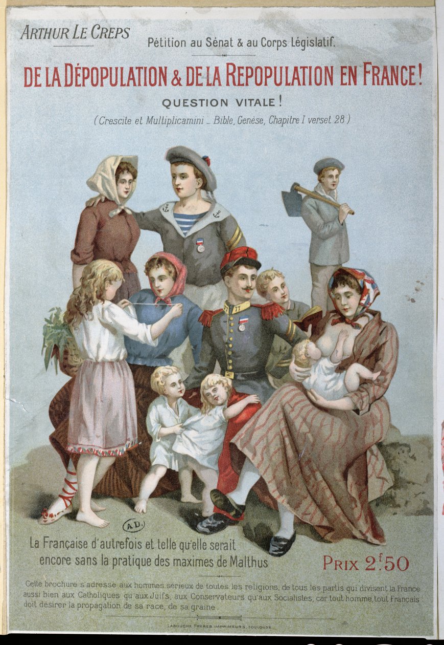 Depopulacja i ponowne zaludnienie we Francji, broszura Arthura Le Creps przeciwko maltuzjanizmowi, 1895 (kolorowe grawerowanie) autorstwa French School