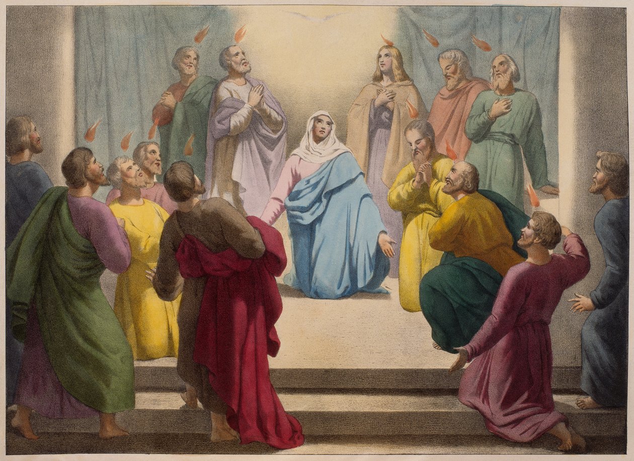 Zejście Ducha Świętego, ilustracja z katechizmu LHistoire Sainte, wyd. Charles Delagrave, Paryż, k. XIX w. autorstwa French School