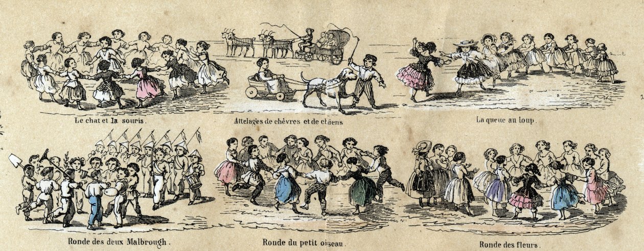 Opis zabaw i zabaw dla dzieci: rundy. Tabliczka „Zabawy dziecięce” w „Wypoczynkach pouczających” Obraz synoptyczny Julesa Delbrucka, rycina z 1860 r. Kolekcja prywatna. autorstwa French School