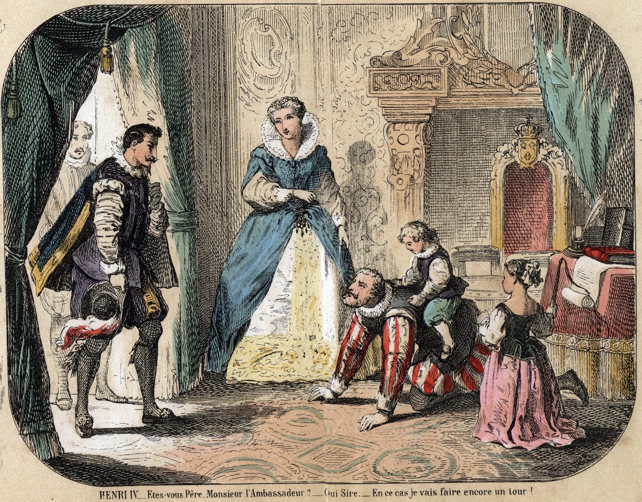 Opis wypoczynku i zabawy dzieci: Król Francji Henryk IV (1553-1610) bawiący się ze swoimi dziećmi (prawdopodobnie Ludwikiem XIII i Elżbietą Francuską) przed ambasadorem Hiszpanii. Obecna jest królowa Maria Medycejska. Płyta „” les jeux de l