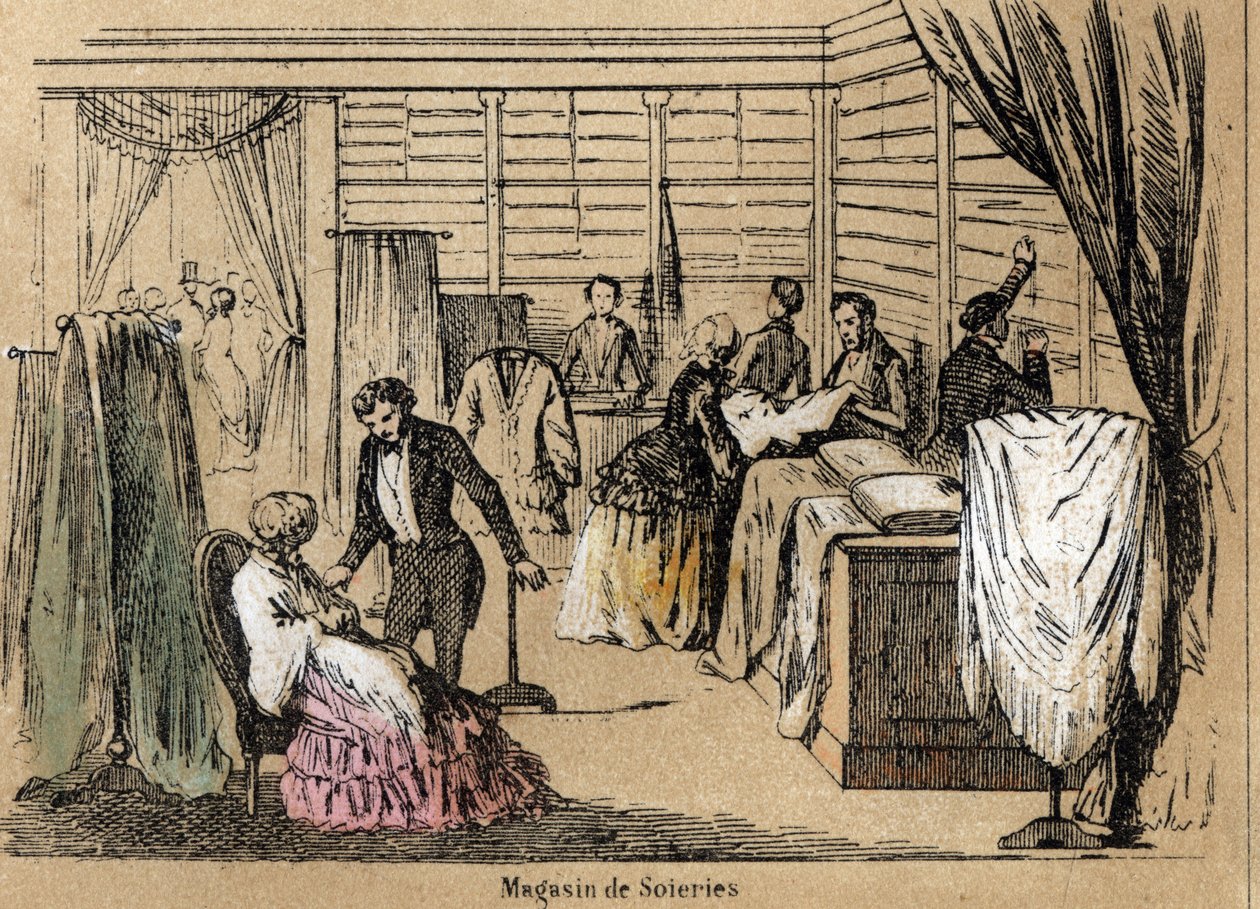 Opis kultury i wyrobów z jedwabiu: sklep z jedwabiem. Talerz „” la soie”” w „” les Recreations instructives”” Obraz synoptyczny Julesa Delbrucka, rycina z 1860 r. Kolekcja prywatna. autorstwa French School
