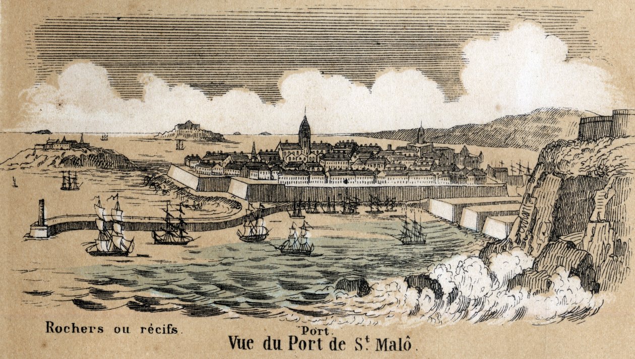 Opis różnych typów krajobrazów i płaskorzeźb według geografii: szczegół przedstawiający port Saint Malo (Saint-Malo) w Bretanii. Tabliczka „Geografia fizyczna” w „Les Recreations instructives” Obraz synoptyczny autorstwa Jules DELBRUCK, e autorstwa French School
