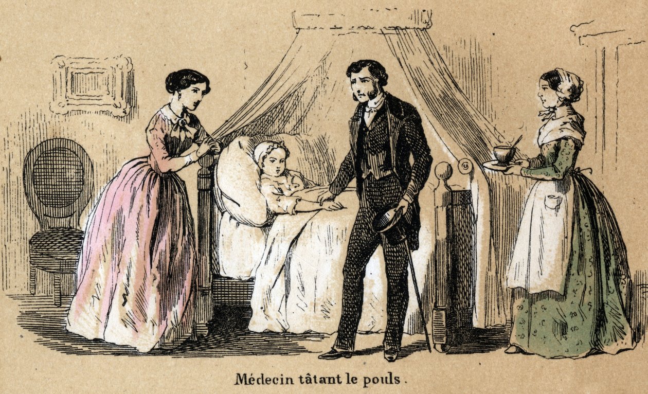 Opis pięciu zmysłów: dotyk, lekarz stukający puls chorej dziewczyny. Talerz „Les cinq sens”” w „”Les Recreations instructives”” Obraz synoptyczny Julesa Delbrucka, rycina z 1860 r. Kolekcja prywatna. autorstwa French School