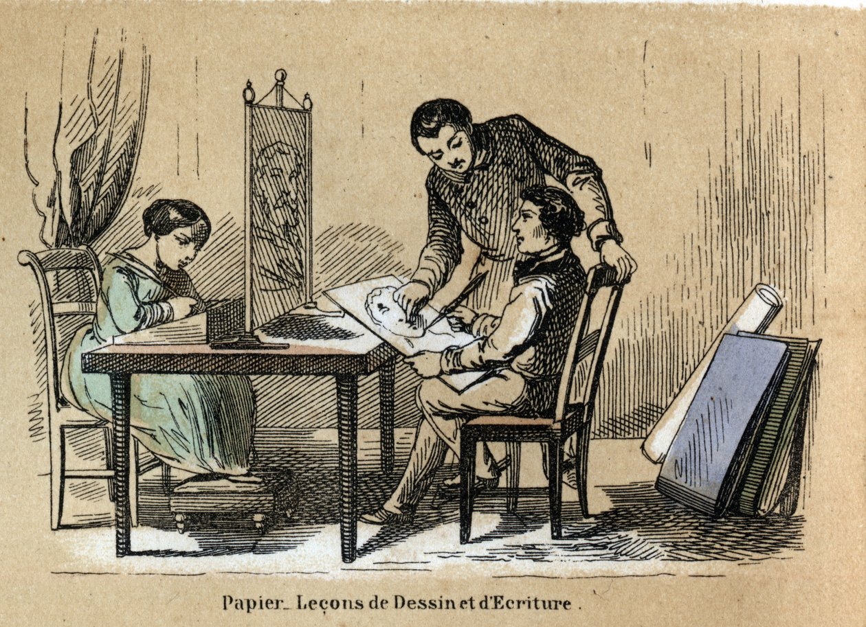 Opis różnych produktów i zastosowań papieru: sąd rysunkowy i pisarski. Talerz „Le papier et ses produits” w „Les Recreations instructives” Obraz synoptyczny Julesa Delbrucka, rycina z 1860 r. Kolekcja prywatna. autorstwa French School