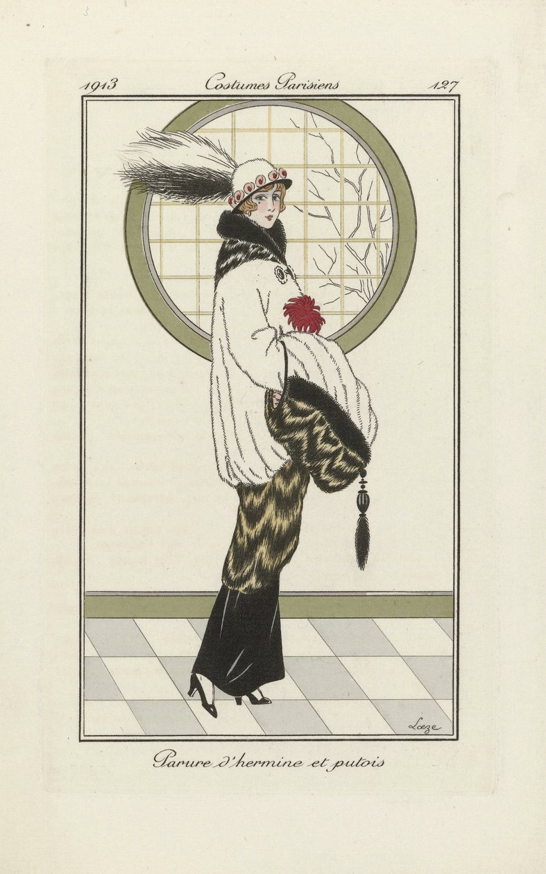 Projekt zespołu łasiczek i polek, z Costumes Parisien, wyd. 1913 (druk pochoir) autorstwa French School