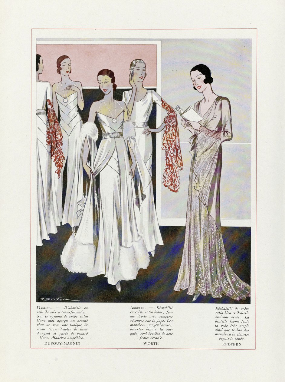 Projekt sukni wieczorowych autorstwa Depouy-Magnin, Worth i Redfern, z Art, Gout, Beaute, pub. 1931 (kolorowa litografia) autorstwa French School